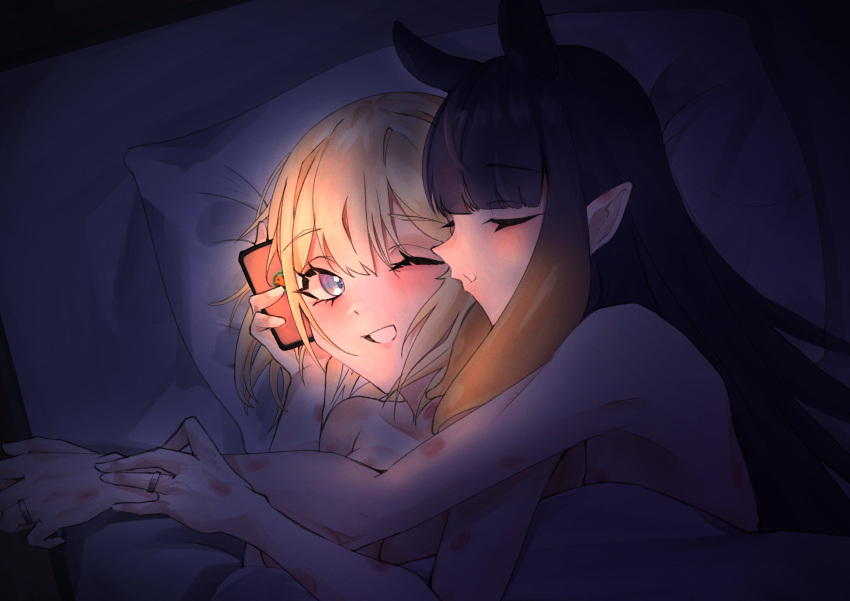 absurdres bangs bed blunt_bangs cellphone hickey highres hololive hololive_english jewelry long_hair multicolored_hair multiple_girls ninomae_ina'nis phone pillow pointy_ears purple_hair ring smartphone tentacle_hair tpn.nonna under_covers virtual_youtuber watson_amelia yuri
