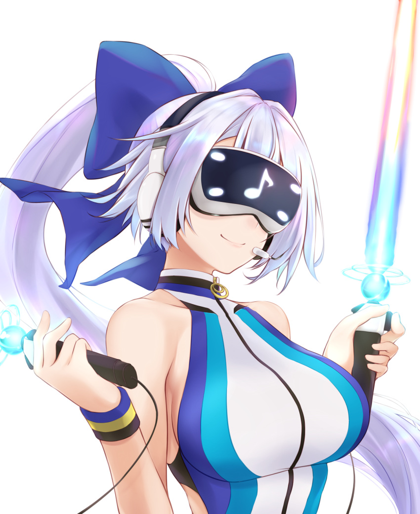 1girl bangs blue_bow blue_swimsuit bow breasts dual_wielding energy_sword fate/grand_order fate_(series) hair_between_eyes hair_bow head_mounted_display highres holding large_breasts long_hair one-piece_swimsuit ponytail silver_hair smile swimsuit sword tohoho_(hoshinoyami) tomoe_gozen_(fate) tomoe_gozen_(swimsuit_saber)_(fate) two-tone_swimsuit weapon white_swimsuit wristband