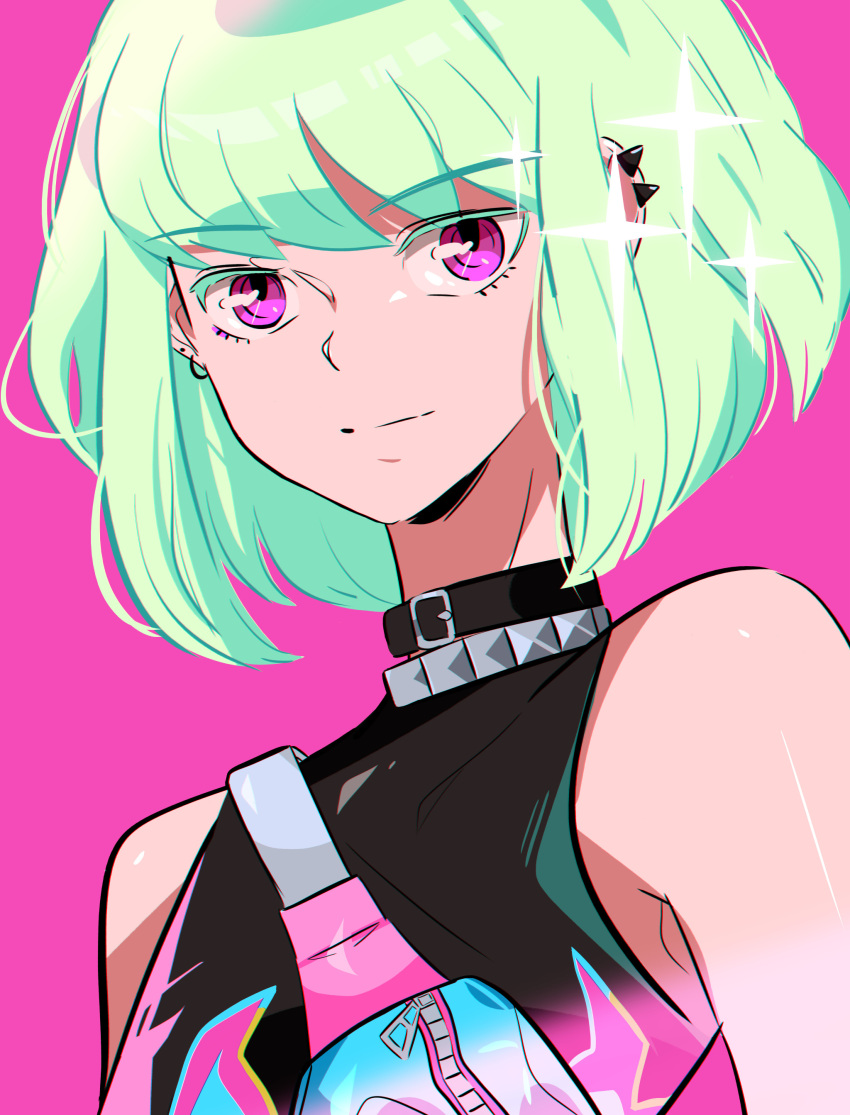 1girl absurdres bag bangs belt_buckle buckle collar colored_eyelashes ear_piercing earrings green_eyelashes green_hair highres jewelry light_green_hair lio_fotia piercing pink_background pink_eyes promare shirt short_hair simple_background solo stephanie_priscilla studded_choker upper_body