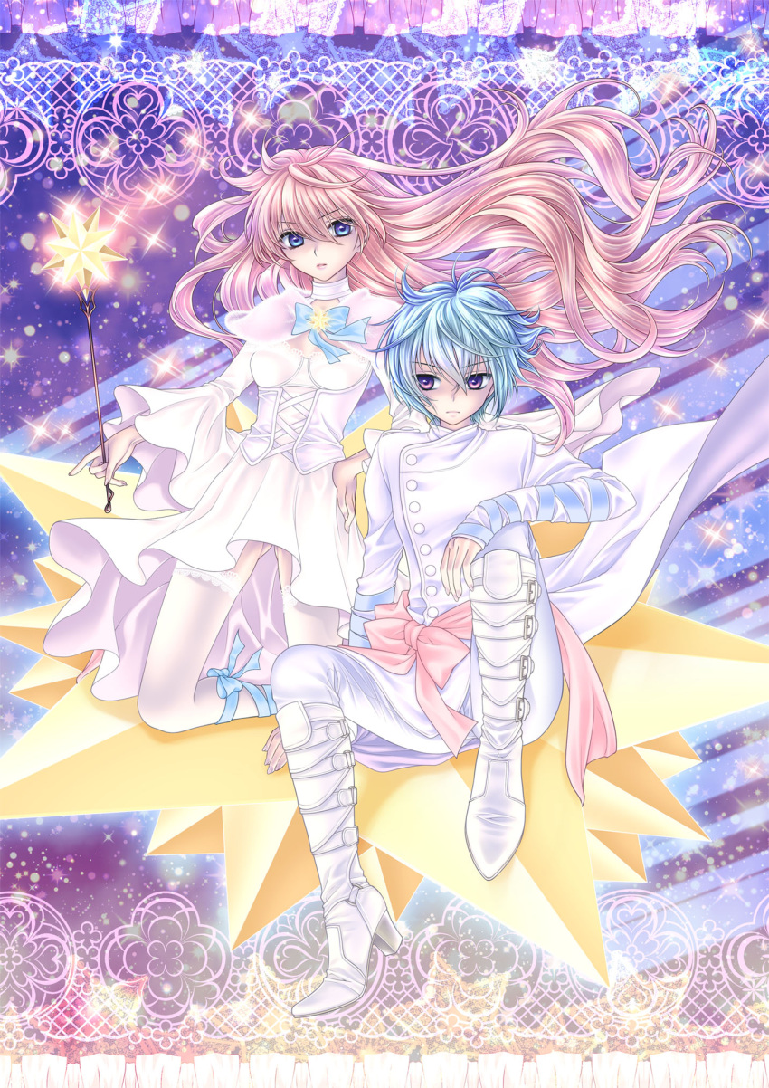 1boy 1girl bangs blue_bow blue_eyes blue_hair blue_ribbon boots bow buttons cape capelet closed_mouth coat commentary_request double-breasted dress eyebrows_visible_through_hair full_body hair_between_eyes hasu_murasaki high_heel_boots high_heels highres kiki_(little_twin_stars) lace lala_(little_twin_stars) leg_ribbon little_twin_stars long_hair looking_at_viewer looking_to_the_side open_mouth pants pink_bow pink_eyes pink_hair ribbon short_hair white_cape white_capelet white_coat white_dress white_footwear white_pants