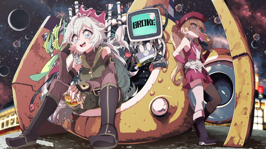 1other 2girls absurdres arie_(starline) asteroid beret blonde_hair blue_eyes boots bra building burger camisole coin_purse enouchi_ai food hat highres hood hoodie ice_cream ice_cream_cone laundry long_hair luna_(starline) multicolored multicolored_eyes multiple_girls necktie panties personification ponytail ral_(starline) robot shorts silver_hair skirt space space_craft starline striped striped_bra striped_panties thigh-highs turtleneck twintails underwear very_long_hair vest