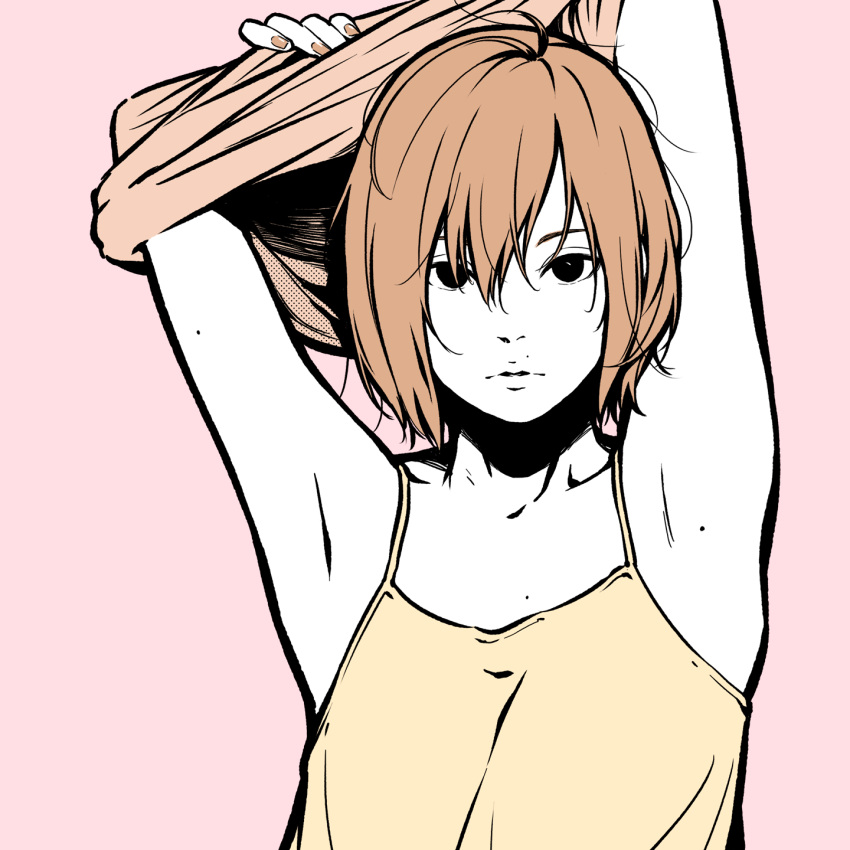 1girl armpits arms_up bangs black_eyes brown_hair brown_nails camisole hair_between_eyes halftone highres mole mole_on_arm mole_on_armpit original pink_background shadow short_hair simple_background solo upper_body yellow_camisole yoshi_mi_yoshi