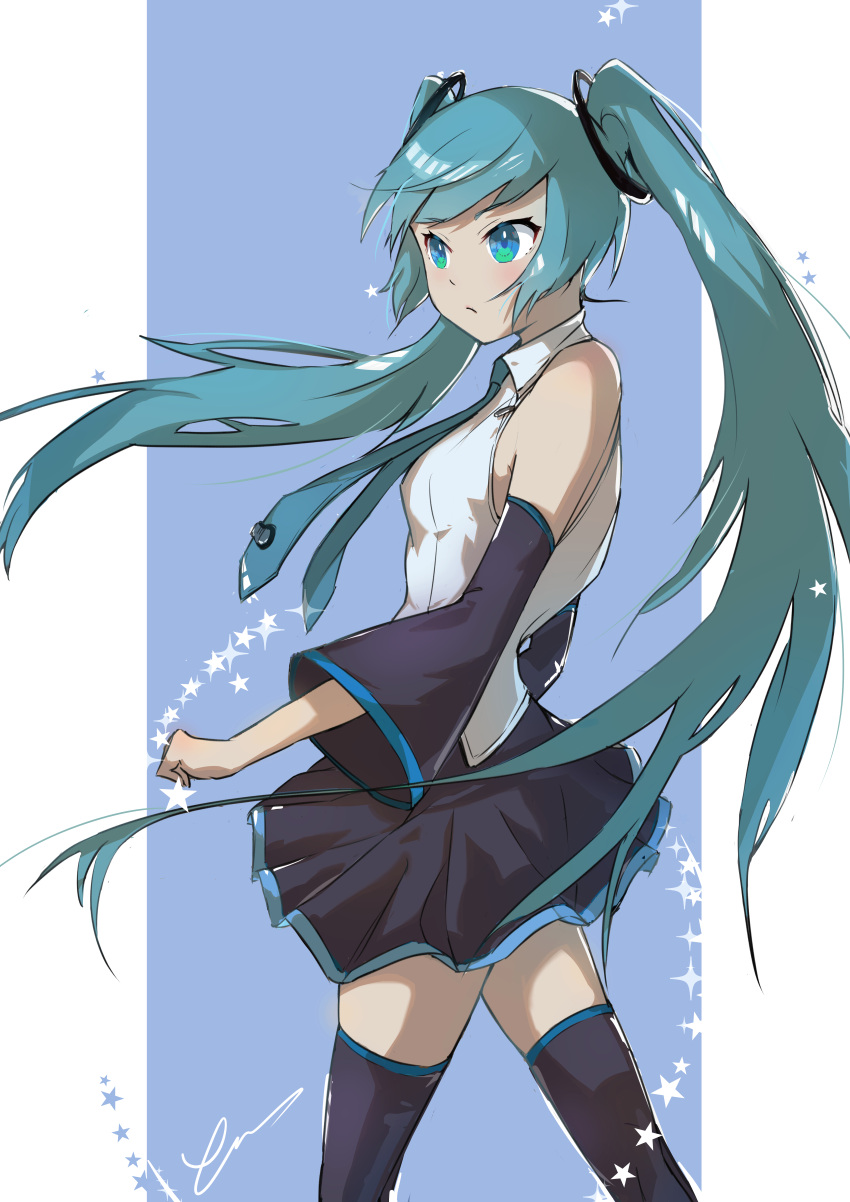 1girl absurdres bangs bare_shoulders black_legwear black_skirt blonde_hair blue_eyes blue_neckwear clip_studio_paint_(medium) closed_mouth collared_shirt cropped_legs detached_sleeves dress_shirt error1945 from_side gradient_eyes green_eyes hatsune_miku highres long_hair looking_away multicolored multicolored_eyes necktie photoshop_(medium) pleated_skirt shirt signature simple_background skirt sleeveless sleeveless_shirt solo star_(symbol) thigh-highs tie_clip twintails very_long_hair vocaloid white_shirt zettai_ryouiki