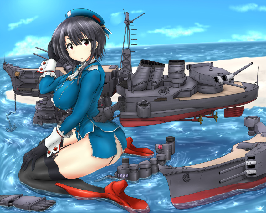 1girl beret black_gloves black_hair black_legwear blue_headwear blue_skirt breasts cannon garter_straps gloves hat highres kantai_collection large_breasts military military_uniform miniskirt red_eyes rigging short_hair short_hair_with_long_locks sidelocks sitting skirt smokestack solo takao_(kancolle) thigh-highs torpedo_launcher turret uniform wariza yashio_(0321)