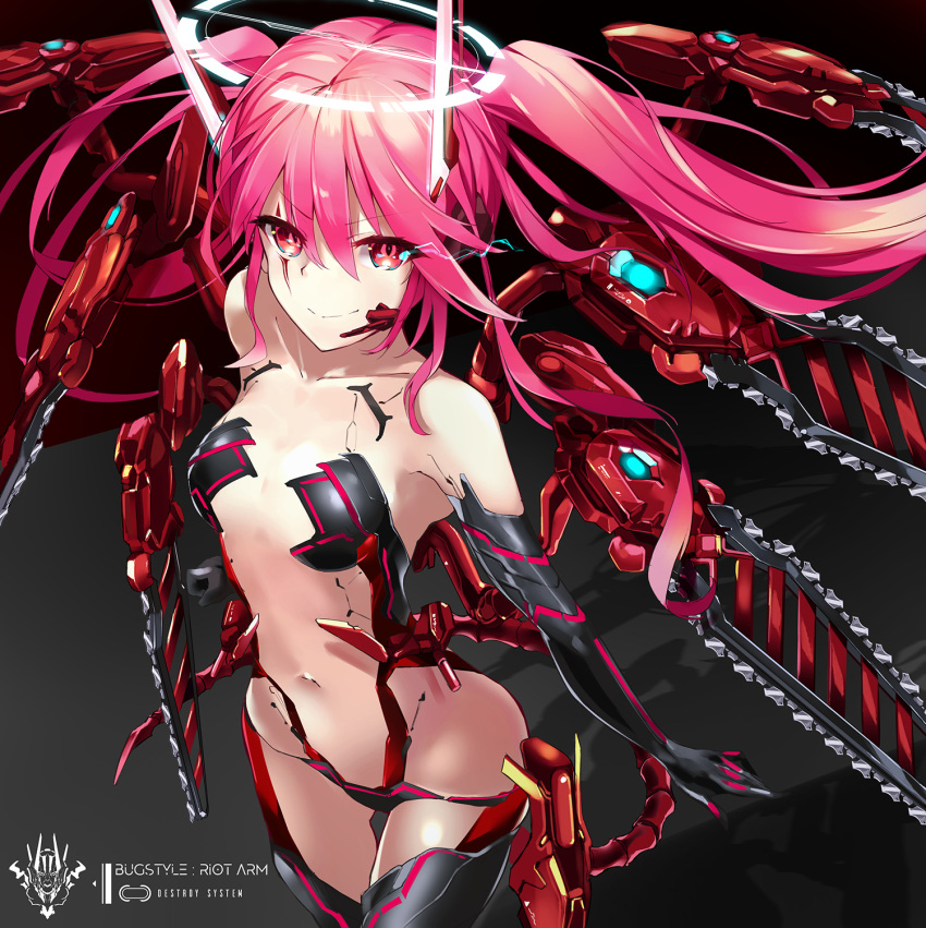 1girl bangs bemani body_armor breasts chainsaw collarbone eyebrows_visible_through_hair grace_(sound_voltex) grey_background hair_between_eyes hair_ornament highres kie_(yospcd) long_hair looking_at_viewer mecha_musume mechanical_wings navel red_eyes redhead sidelocks simple_background small_breasts solo sound_voltex twintails wings