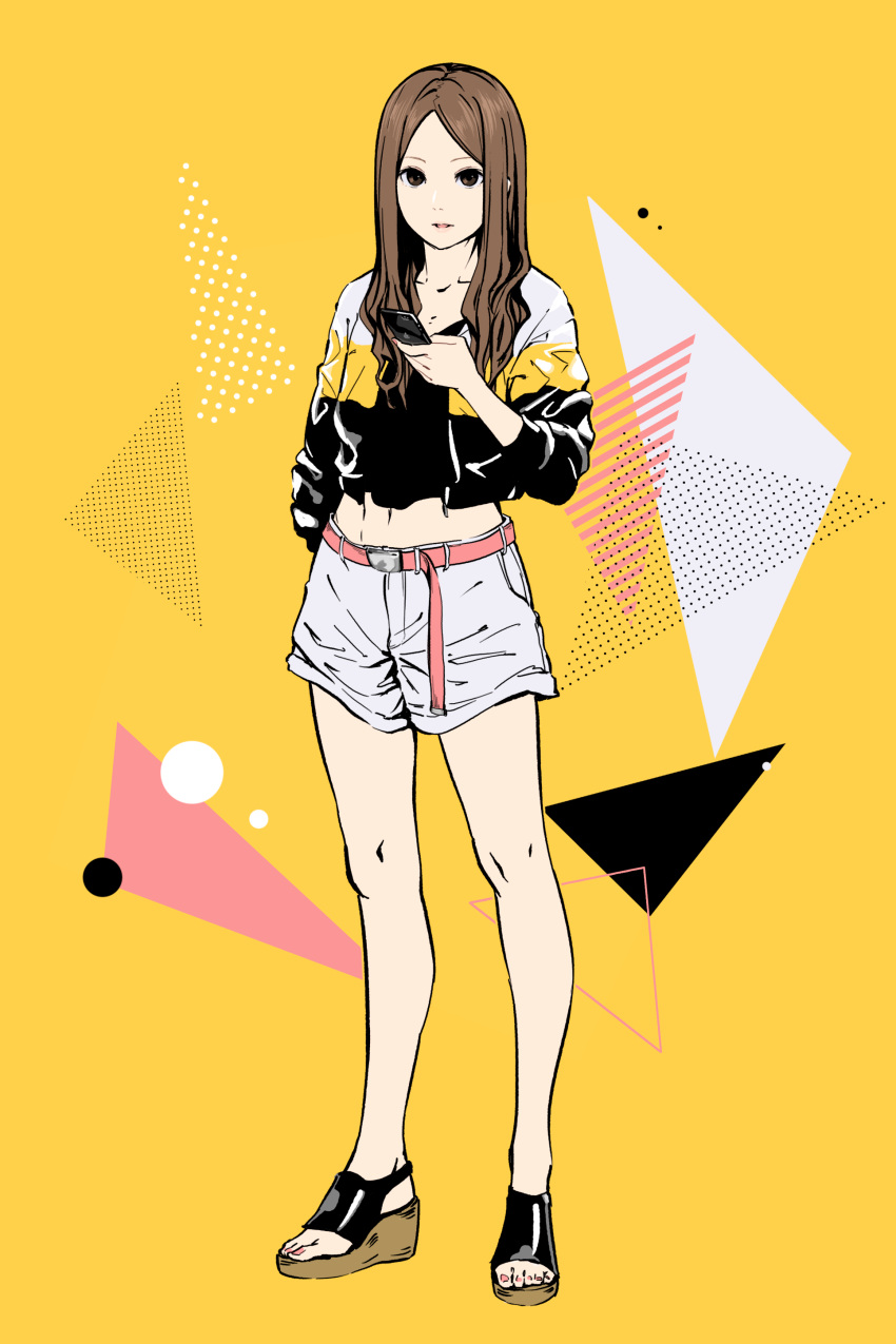 1girl absurdres belt brown_eyes brown_hair full_body highres long_hair long_sleeves looking_at_viewer midriff original parted_lips pink_belt shorts solo standing toeless_footwear triangle white_shorts yoshi_mi_yoshi