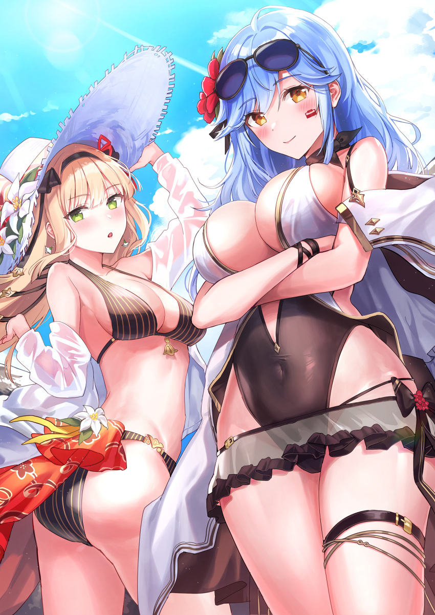 2girls absurdres ass bangs bare_shoulders bikini blonde_hair blue_eyes blush breasts brown_eyes character_request closed_mouth covered_navel crossed_arms eyebrows_visible_through_hair eyewear_on_head final_gear flower green_eyes hair_flower hair_ornament hat highres large_breasts large_hat long_hair long_sleeves looking_at_viewer medium_breasts multiple_girls official_art one-piece_swimsuit outdoors parted_lips rangu sideboob smile standing sun_hat sunglasses swimsuit thigh_strap thighs white_headwear