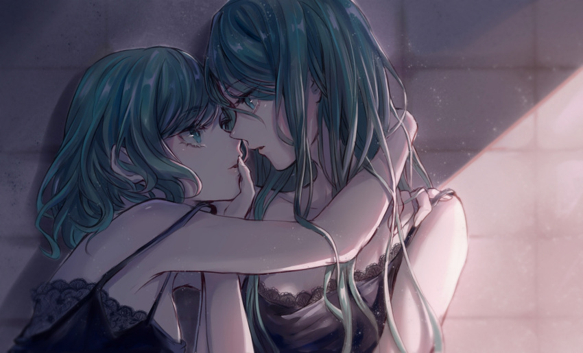 2girls aqua_eyes aqua_hair arm_around_neck arm_around_shoulder bang_dream! bangs bare_arms bare_shoulders black_camisole blurry breasts camisole collarbone depth_of_field eye_contact eyebrows_visible_through_hair face-to-face finger_to_another's_mouth fingernails from_side hair_between_eyes hand_in_another's_hair hand_on_another's_chin hand_on_another's_shoulder hand_up hands_up highres hikawa_hina hikawa_sayo incest indoors jing_(user_wevt3224) lace-trimmed_camisole lace_trim light_particles long_hair looking_at_another medium_breasts medium_hair multiple_girls parted_lips profile shade shadow siblings sisters spaghetti_strap strap_slip twincest twins upper_body yuri