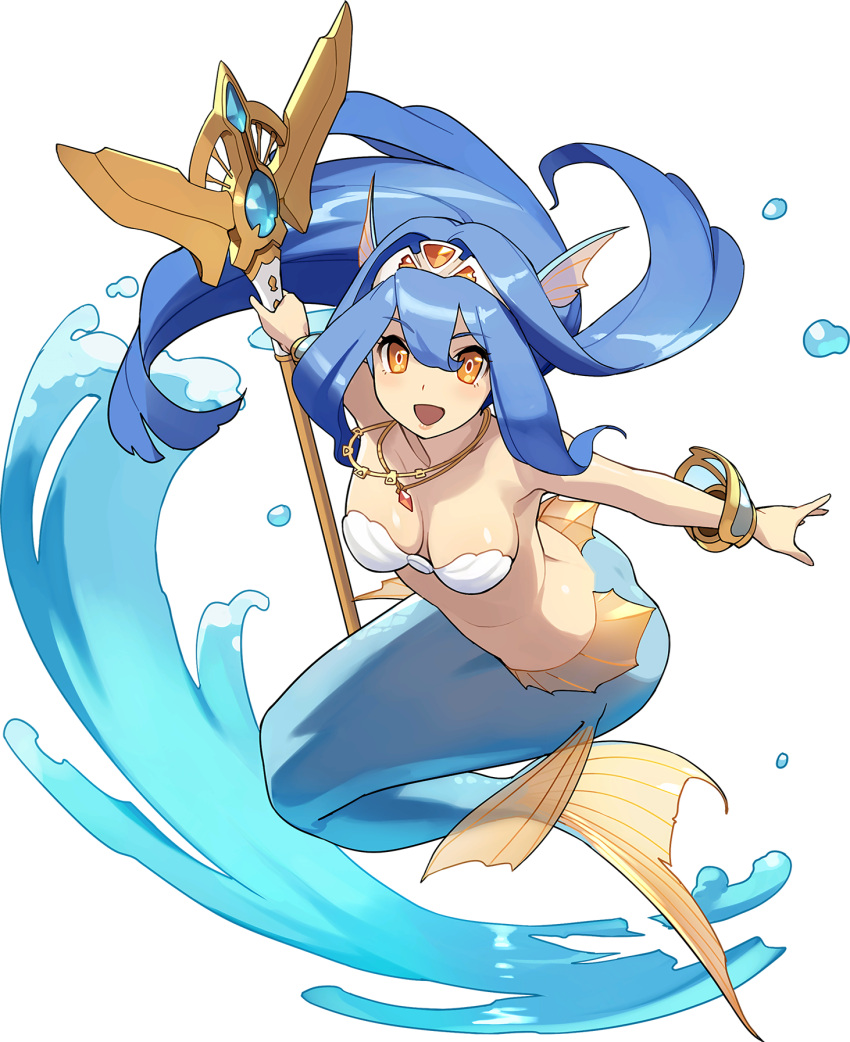 1girl amelia_(world_flipper) arm_up artist_request bangs bare_shoulders bikini bikini_top blue_hair blush bracelet bubble collarbone crystal eyebrows_visible_through_hair fins full_body gem hair_intakes happy head_fins highres jewelry leaning_forward light_blush long_hair looking_at_viewer mermaid monster_girl necklace non-web_source official_art open_mouth orange_eyes outstretched_arms ruby_(gemstone) sapphire_(gemstone) shell shell_bikini shiny shiny_hair shiny_skin sidelocks smile solo swimsuit tiara transparent_background water white_bikini white_headwear world_flipper