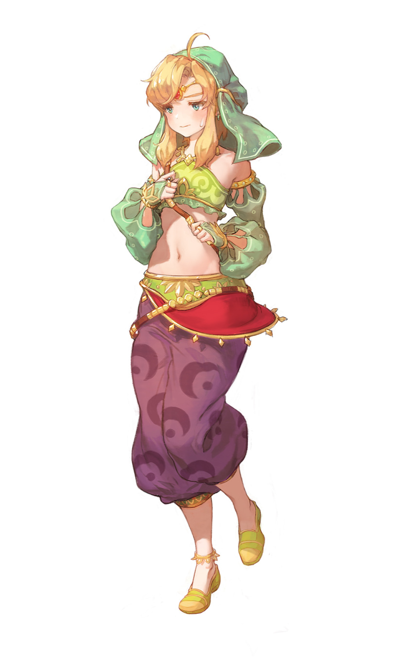 1boy ahoge anklet aqua_eyes arabian_clothes baggy_pants bare_shoulders belt blonde_hair bridal_gauntlets circlet closed_mouth commentary crossdressinging detached_sleeves earrings embarrassed english_commentary full_body gerudo_set_(zelda) green_footwear green_headwear green_sleeves hands_up harem_pants head_scarf highres jewelry kuzel_(bonolangje) link long_hair looking_down male_focus midriff navel necklace official_alternate_costume otoko_no_ko pants puffy_detached_sleeves puffy_sleeves purple_pants shoulder_strap solo standing standing_on_one_leg sweatdrop the_legend_of_zelda white_background