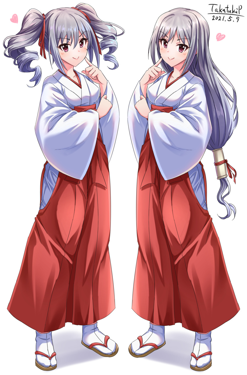 2girls :d absurdres alternate_costume alternate_hairstyle artist_name blush commentary_request dated drill_hair dual_persona grey_hair hair_ribbon hakama heart highres idolmaster idolmaster_cinderella_girls japanese_clothes kanzaki_ranko kimono long_hair looking_at_viewer low-tied_long_hair miko multiple_girls open_mouth pointing pointing_at_self red_eyes red_hakama red_ribbon ribbon sandals smile tabi takatsuki_p twin_drills twintails very_long_hair white_kimono white_legwear wide_sleeves