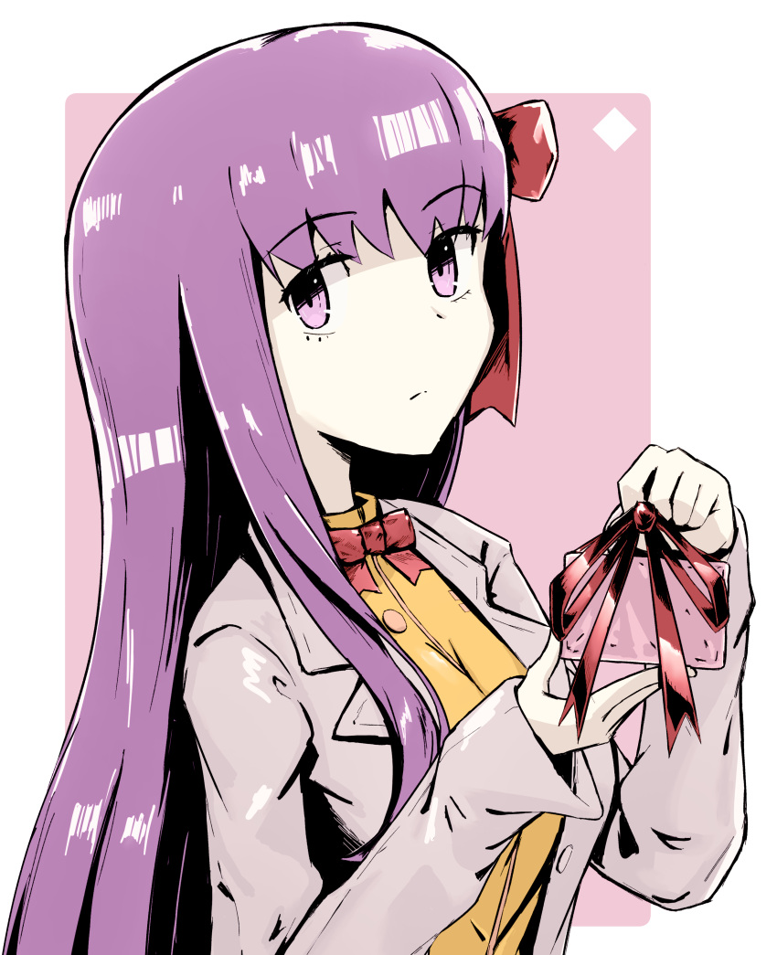 1girl absurdres artist_request bangs border bow bowtie closed_mouth eyebrows_visible_through_hair fate/extra fate/extra_ccc fate_(series) from_side gift grey_shirt hair_bow hands_up highres holding holding_gift long_hair long_sleeves looking_at_viewer looking_to_the_side matou_sakura outside_border purple_hair shirt sidelocks solo upper_body violet_eyes