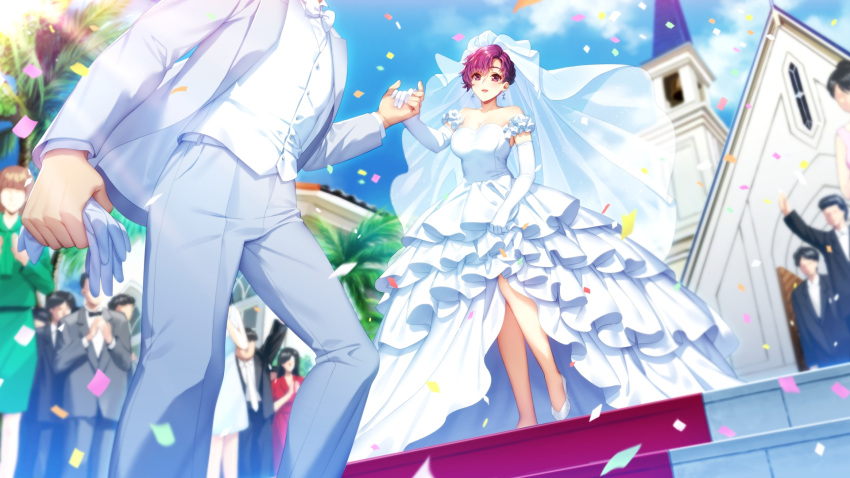 bangs confetti day doukyuusei dress earrings elbow_gloves from_below game_cg gloves grey_jacket grey_pants hair_between_eyes head_out_of_frame highres holding_hands jacket jewelry layered_dress long_dress naruse_kaori_(doukyuusei) official_art open_clothes open_jacket open_mouth outdoors pants pumps purple_hair red_lips shiny shiny_hair short_hair sleeveless sleeveless_dress sumeragi_kohaku vest violet_eyes wedding wedding_dress white_dress white_footwear white_gloves white_vest