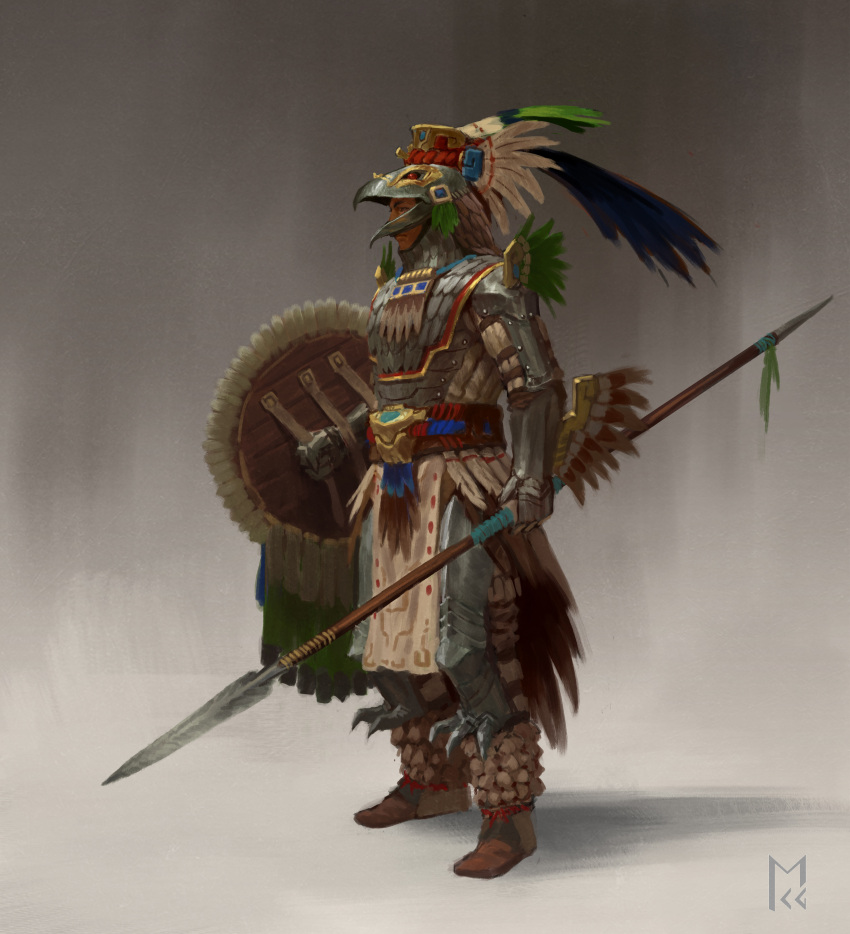 1boy absurdres animal_helmet armor aztec boots brown_footwear closed_mouth commentary english_commentary from_side full_armor full_body gauntlets greaves helmet highres holding holding_shield holding_spear holding_weapon male_focus manuel_castanon original pelvic_curtain polearm sash shield solo spear standing weapon