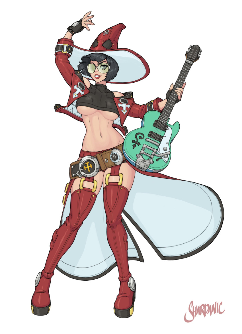 1girl abs absurdres artist_name bare_shoulders black_hair boots breasts electric_guitar fingerless_gloves full_body glasses gloves guilty_gear guilty_gear_strive guitar hat highres i-no instrument looking_at_viewer makeup medium_breasts midriff mole mole_above_mouth navel red_headwear shardanic short_hair simple_background smile solo standing stomach thigh-highs thigh_boots under_boob white_background witch_hat
