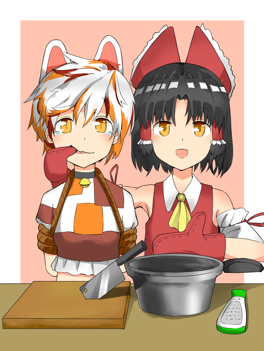 2girls absurdres animal_ears ascot bangs bdsm benikurage_(cookie) black_hair bondage border bound bow brown_eyes cat_ears cleaver commentary_request cookie_(touhou) crop_top detached_sleeves gloves goutokuji_mike grater hair_bow hakurei_reimu highres looking_at_viewer mittens multicolored_hair multiple_girls nekokatana_catana open_mouth orange_eyes parted_bangs pot red_bow red_gloves rope shirt short_hair sleeveless sleeveless_shirt slit_pupils streaked_hair tearing_up touhou upper_body white_border white_hair white_sleeves yellow_neckwear