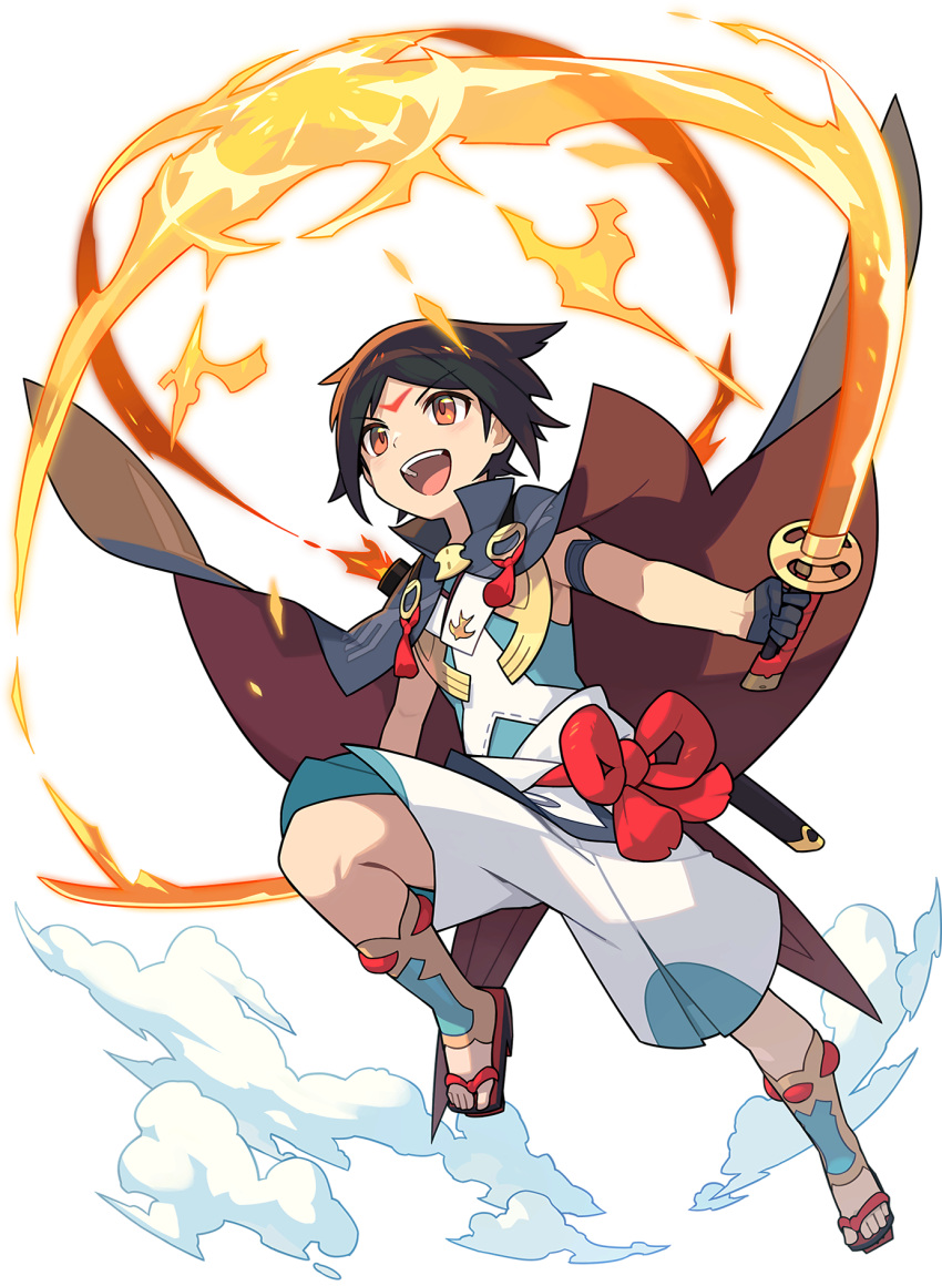 1boy armlet artist_request bangs belt black_hair blue_cape blue_gloves blue_shirt blush cape collared_cape dual_wielding eyebrows_visible_through_hair facial_mark fire flaming_weapon forehead_mark full_body geta gloves half_gloves happy highres holding holding_sword holding_weapon jumping katana kneehighs kuramaru_(world_flipper) leg_up light_blush male_focus multicolored multicolored_clothes multicolored_legwear non-web_source official_art open_mouth orange_eyes parted_bangs red_footwear rope sandals sash sheath shiny shiny_hair shirt short_hair shorts sidelocks sleeveless sleeveless_shirt smile smoke solo sword teeth toeless_legwear transparent_background two-sided_cape two-sided_fabric v-shaped_eyebrows weapon white_shorts world_flipper