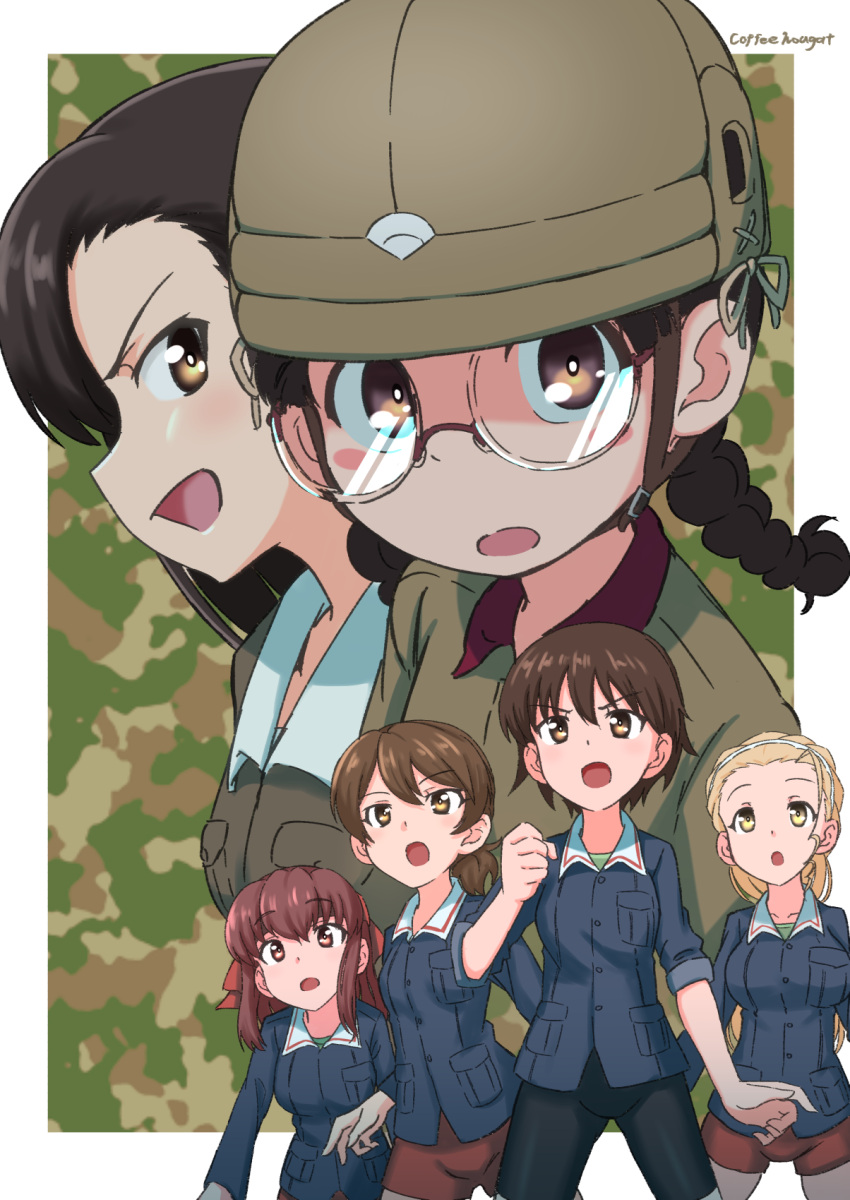 6+girls :o bangs bike_shorts black_hair black_shorts blonde_hair blue_jacket blush_stickers border braid brown_background brown_eyes brown_hair brown_headwear brown_jacket camouflage_background chi-hatan_military_uniform clenched_hand closed_mouth coffeenougat_1985 commentary frown fukuda_haru girls_und_panzer glasses green_shirt grey-framed_eyewear hair_pulled_back hairband headband helmet highres isobe_noriko jacket kawanishi_shinobu kondou_taeko long_hair long_sleeves looking_at_viewer military military_uniform multiple_girls nishi_kinuyo ooarai_military_uniform open_mouth ponytail red_headband red_shorts round_eyewear sasaki_akebi shirt short_hair short_ponytail short_shorts shorts sleeves_rolled_up smirk standing straight_hair swept_bangs textless twin_braids twintails uniform white_border white_hairband