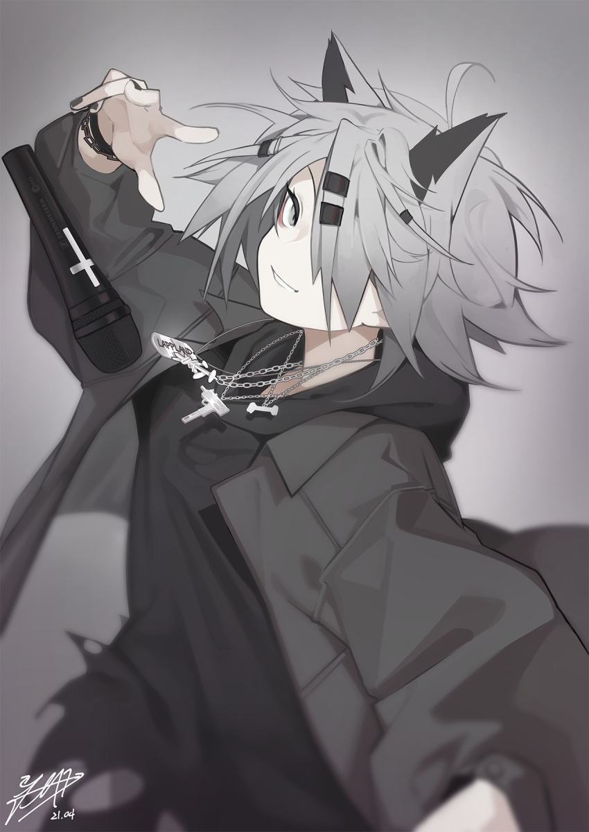 1girl ahoge animal_ears arknights artist_name black_jacket black_shirt bracelet chain character_name commentary dated dog_tags fataaa grey_background grey_eyes grey_hair highres jacket jewelry lappland_(ambience_synesthesia)_(arknights) lappland_(arknights) looking_at_viewer messy_hair microphone open_clothes open_jacket shirt short_hair solo upper_body wolf_ears