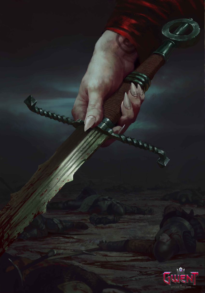 1other absurdres armor blood blood_splatter clouds cloudy_sky commentary corpse death english_commentary fingernails gwent_(game) head_out_of_frame helmet highres holding holding_sword holding_weapon logo manuel_castanon official_art people sharp_fingernails sky solo_focus sword the_witcher weapon