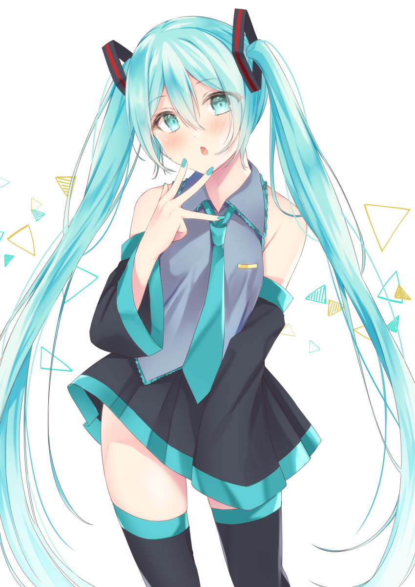 1girl :o absurdres aqua_eyes aqua_hair aqua_neckwear bangs bare_shoulders black_legwear black_skirt black_sleeves blush commentary_request cowboy_shot detached_sleeves eyebrows_visible_through_hair fingers_to_mouth grey_shirt hair_between_eyes hair_ornament hand_up hatsune_miku highres long_hair long_sleeves looking_at_viewer mamiko_kobayashi necktie open_mouth shirt simple_background skirt solo standing thigh-highs twintails two-tone_legwear two-tone_skirt very_long_hair vocaloid white_background