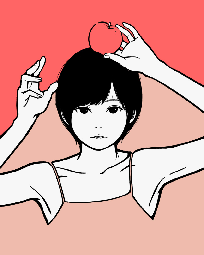 1girl apple arms_up black_eyes black_hair blending camisole flat_color food fruit highres holding holding_food holding_fruit looking_at_viewer original parted_lips pink_background pink_camisole red_background short_hair solo two-tone_background upper_body yoshi_mi_yoshi