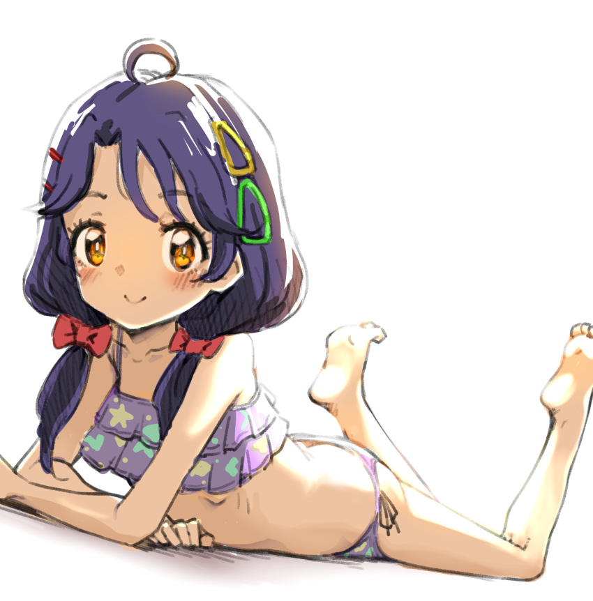 1girl ahoge bangs bare_arms bare_legs bare_shoulders barefoot bikini blush bow closed_mouth commentary_request eyebrows_visible_through_hair hair_bow hair_ornament hair_over_shoulder hairclip highres legs_up looking_at_viewer low_twintails lying momo_(higanbana_and_girl) on_stomach orange_eyes parted_bangs precure purple_bikini purple_hair red_bow shadow side-tie_bikini smile soles solo suzumura_sango swimsuit tropical-rouge!_precure twintails white_background