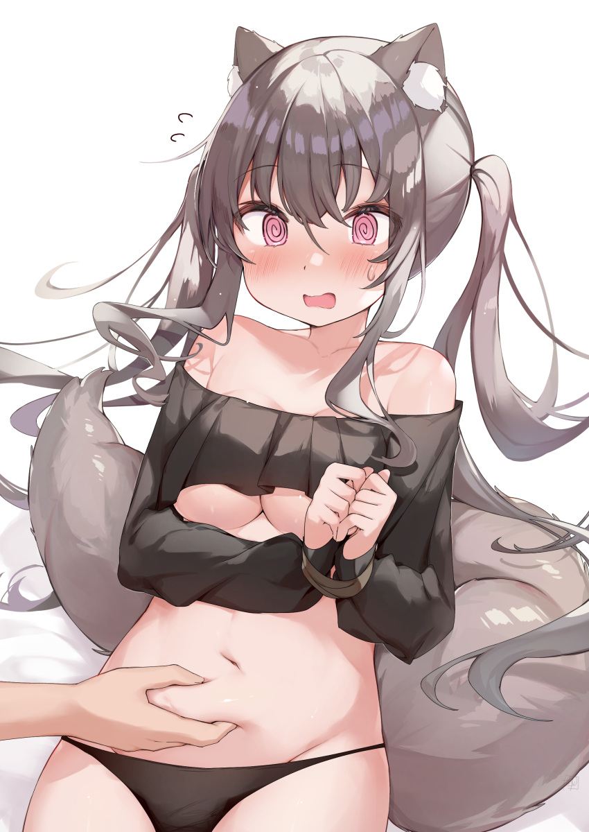 1girl @_@ absurdres animal_ear_fluff animal_ears bangs bare_shoulders black_panties blush bound breasts cat_ears commentary_request crop_top grey_hair highres long_sleeves looking_at_viewer medium_breasts navel open_mouth original panties pink_eyes rope sidelocks sinnop10 sitting solo_focus stomach sweatdrop tail twintails under_boob underwear white_background