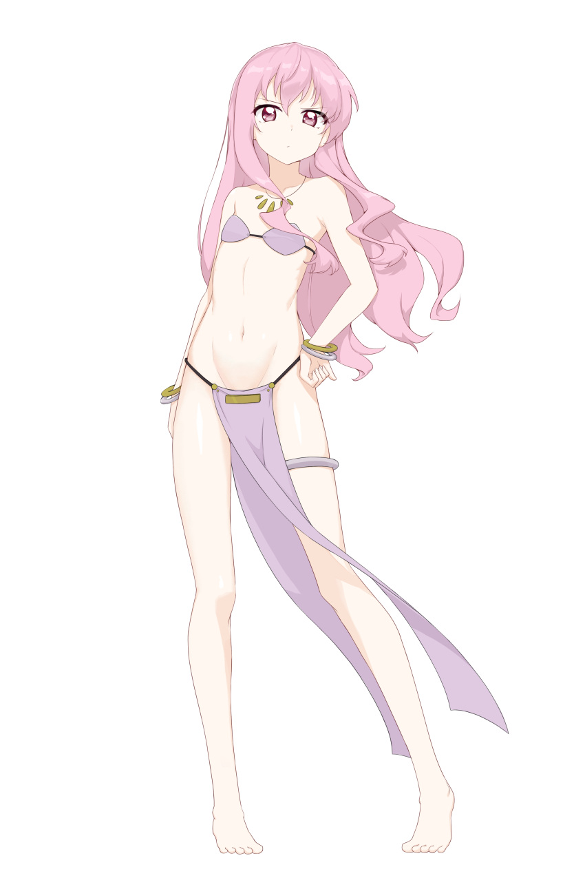1girl absurdres bare_arms bare_shoulders barefoot bracelet dancer flat_chest hand_on_hip harem_outfit highres jewelry loincloth long_hair long_legs louise_francoise_le_blanc_de_la_valliere midriff navel necklace pants pelvic_curtain pink_eyes pink_hair ribbonsnek zero_no_tsukaima