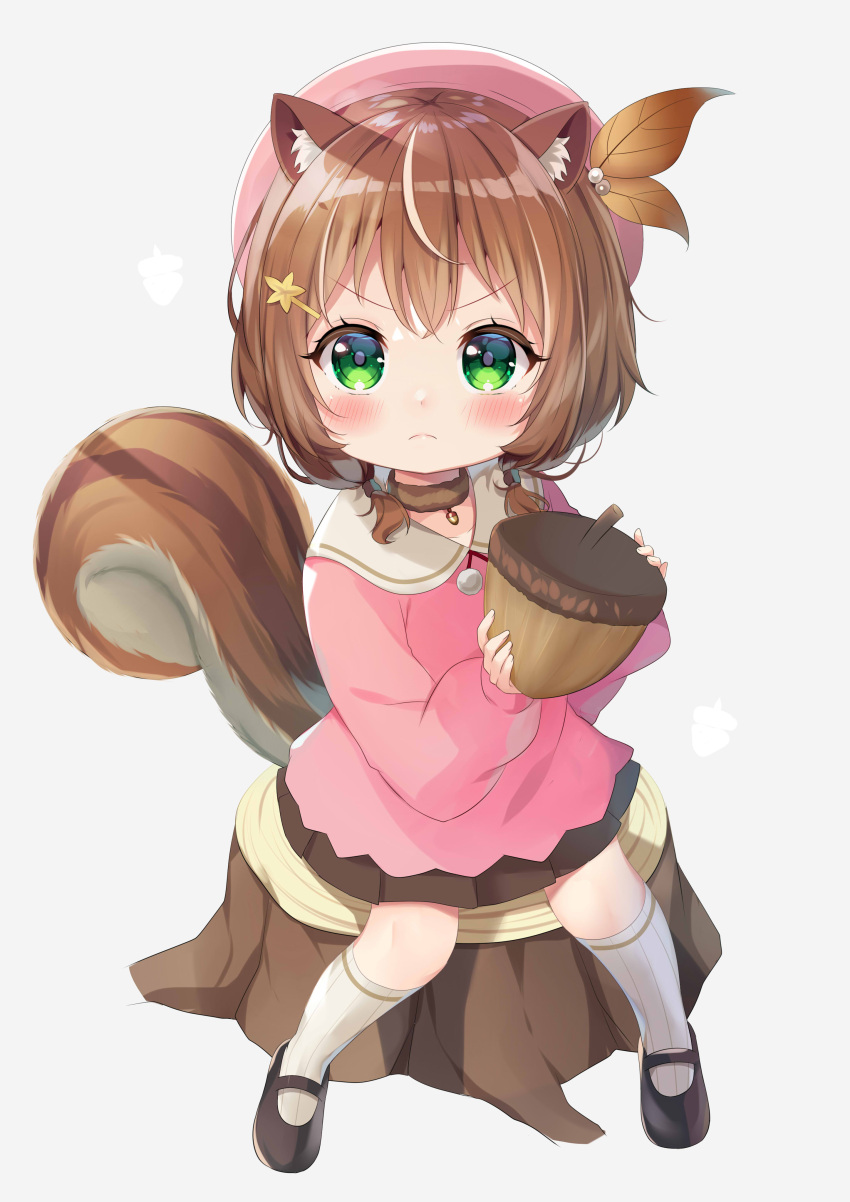 1girl absurdres acorn acorn_pendant angry animal_ear_fluff animal_ears ayunda_risu beret brown_hair brown_skirt child choker collar fur_choker green_eyes hair_leaf hair_ornament hairclip hat highres hololive hololive_indonesia ikazu401 kindergarten_uniform looking_at_viewer mary_janes medium_hair nut_(food) pink_headwear pink_shirt pleated_skirt shirt shoes sitting skirt socks solo squirrel_ears squirrel_girl squirrel_tail tail tree_stump twintails white_collar white_legwear younger