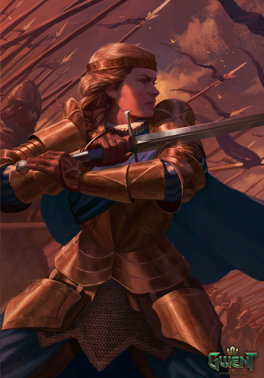1girl absurdres armor army blonde_hair blue_cape blue_pants braid breastplate cape closed_mouth commentary earrings english_commentary faulds fighting_stance from_side full_armor gauntlets gwent_(game) headband highres holding holding_sword holding_weapon jewelry logo manuel_castanon meve_(witcher) official_art outdoors pants pauldrons people profile shoulder_armor single_braid solo_focus stud_earrings sword the_witcher two-handed warrior weapon