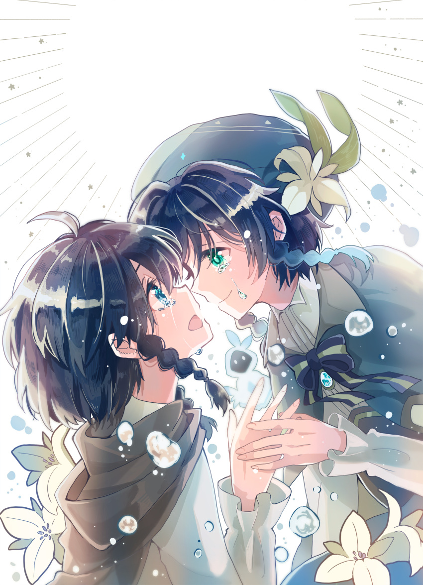 2boys absurdres androgynous bangs barbatos_(genshin_impact) beret black_hair blue_eyes blue_hair bow braid brooch brown_cloak cape cloak collared_cape collared_shirt corset crying crying_with_eyes_open droplet elemental_(creature) flower frilled_sleeves frills from_side gem genshin_impact gradient_hair green_eyes green_headwear hat hat_flower highres holding_hands hood hood_up hooded_cloak jewelry leaf long_sleeves looking_at_another male_focus mnmn3_ao multicolored_hair multiple_boys nameless_bard_(genshin_impact) open_mouth shirt short_hair_with_long_locks simple_background smile spirit tears twin_braids venti_(genshin_impact) water white_background white_flower white_shirt