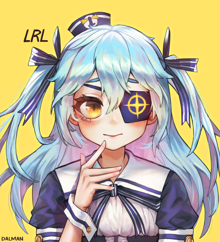 1girl absurdres dalman dixie_cup_hat eyepatch hair_between_eyes hair_ribbon hat highres huge_filesize last_origin light_blue_hair long_hair lrl military_hat ribbon sailor_hat smile twintails two_side_up yellow_background yellow_eyes