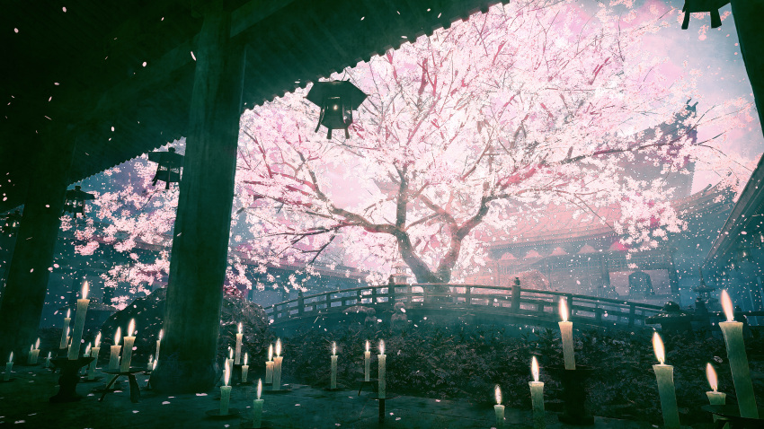 absurdres architecture bridge building candle candlestand cherry_blossoms commentary east_asian_architecture fire highres hisamesy huge_filesize jizou night no_humans original pagoda petals pillar plant rock scenery stone_lantern tree