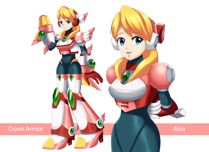 2girls alia_(rockman) alternate_costume arms_behind_back bangs blonde_hair blue_eyes cannon deviantart full_body gloves happy high_heels holding_weapon open_mouth pink_armor robot robot_ears rockman rockman_x rockman_x_dive sincity2100 smile