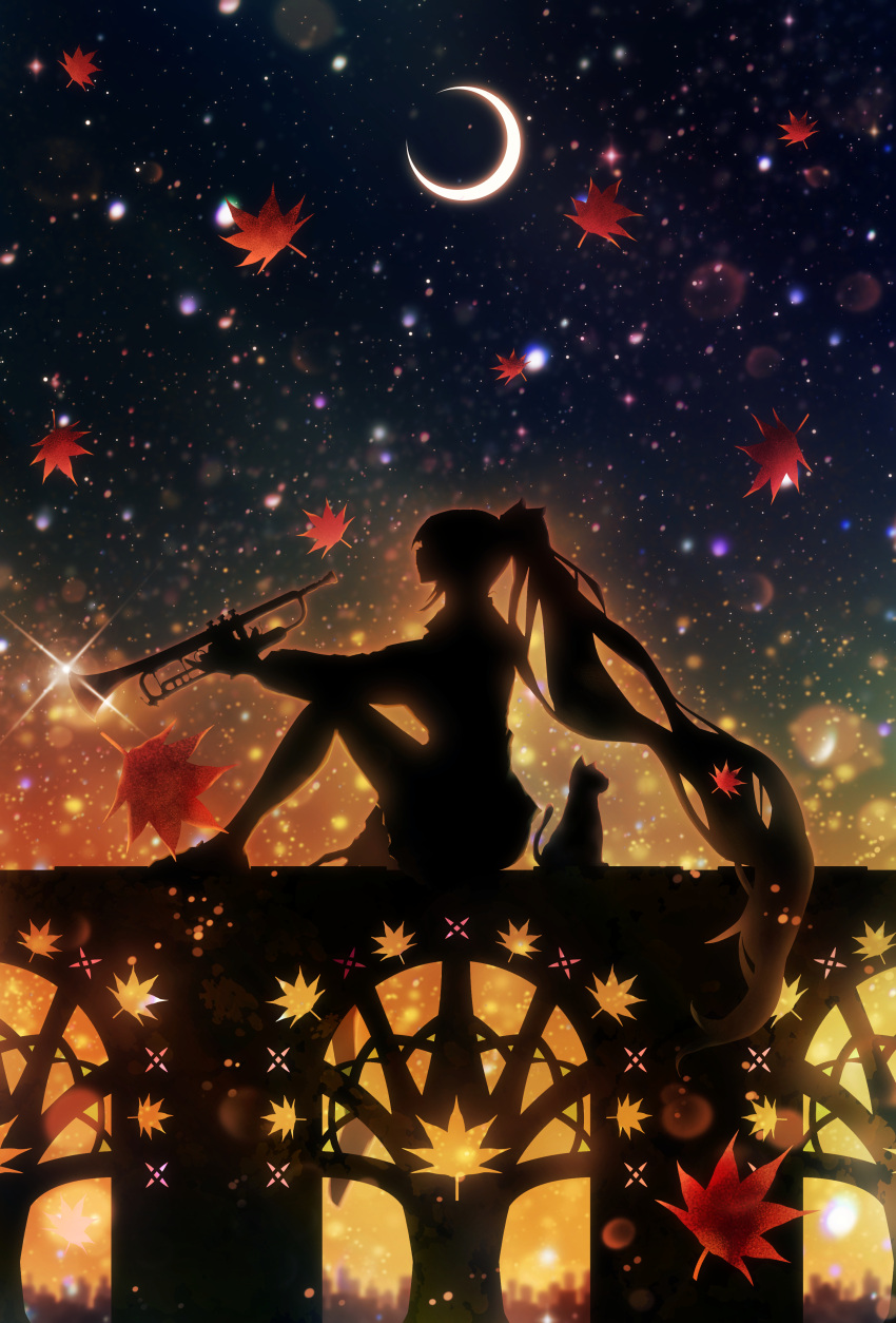 1girl absurdres backlighting bloom cat commentary_request dark from_side full_body harada_miyuki highres higuchi_kaede holding holding_instrument instrument leaf long_hair moon night night_sky nijisanji outdoors ponytail shadow silhouette sitting sky solo star_(sky) starry_sky trumpet very_long_hair virtual_youtuber