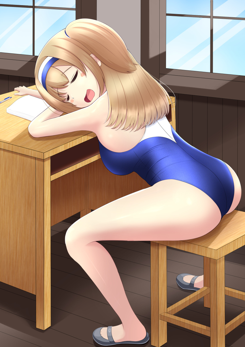 1girl absurdres ass blush_stickers closed_eyes commentary_request desk full_body hairband highres i-26_(kancolle) kantai_collection light_brown_hair long_hair new_school_swimsuit nokonoko sandals school_desk school_swimsuit sitting sleeping solo stool swimsuit two-tone_hairband two-tone_swimsuit two_side_up window