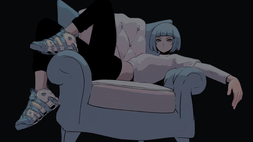 1girl absurdres black_background black_pants blue_eyes blue_footwear blue_hair breasts couch eyebrows furniture highres long_sleeves looking_at_viewer medium_breasts midriff original pants relaxed shirt shoes short_hair simple_background sitting sneakers white_shirt zaki_(zaki_btw)