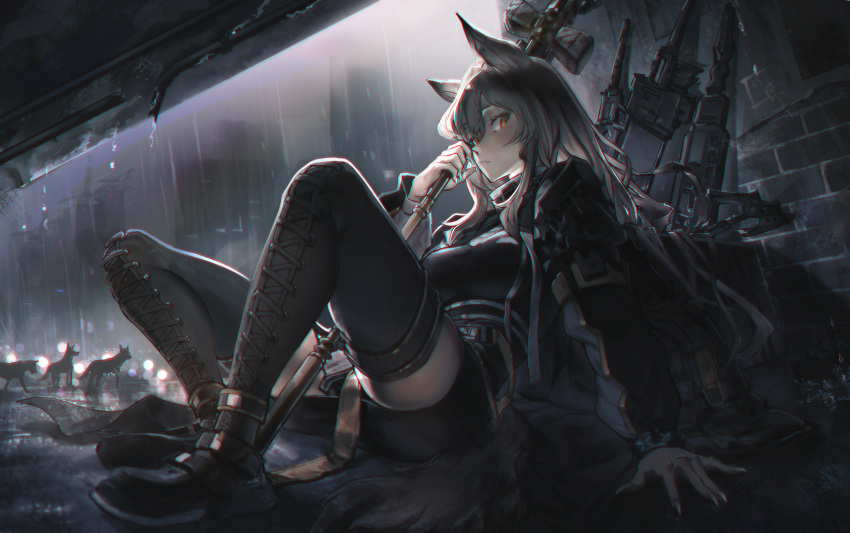 1girl absurdres animal animal_ears arknights bangs boots breasts brick_wall brown_eyes brown_hair ceobe_(arknights) chinese_commentary cross-laced_footwear dog_ears dog_girl eyebrows_visible_through_hair fang fingernails gaanc_23_(tomosuge) hair_between_eyes highres holding holding_polearm holding_weapon huge_filesize infection_monitor_(arknights) jacket lace-up_boots long_hair long_sleeves open_clothes open_jacket outdoors polearm rain sharp_fingernails sitting sitting_on_ground skin_fang smile solo thigh-highs weapon weapon_bag