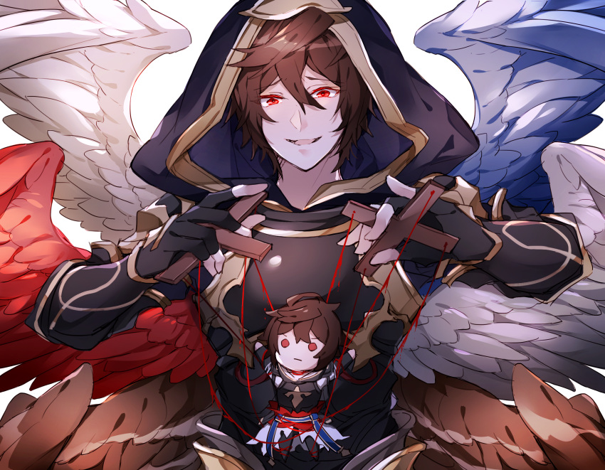 1boy black_gloves black_shirt blue_wings brown_hair brown_wings character_doll commentary_request crazy_eyes crazy_smile feathered_wigns fingerless_gloves gloves gold_trim granblue_fantasy grey_wings hands_up highres hizuki_miya hood hood_up male_focus marionette multicolored multicolored_wings multiple_views puppet red_eyes red_wings sandalphon_(granblue_fantasy) shirt short_hair simple_background smile string upper_body white_background white_wings wings