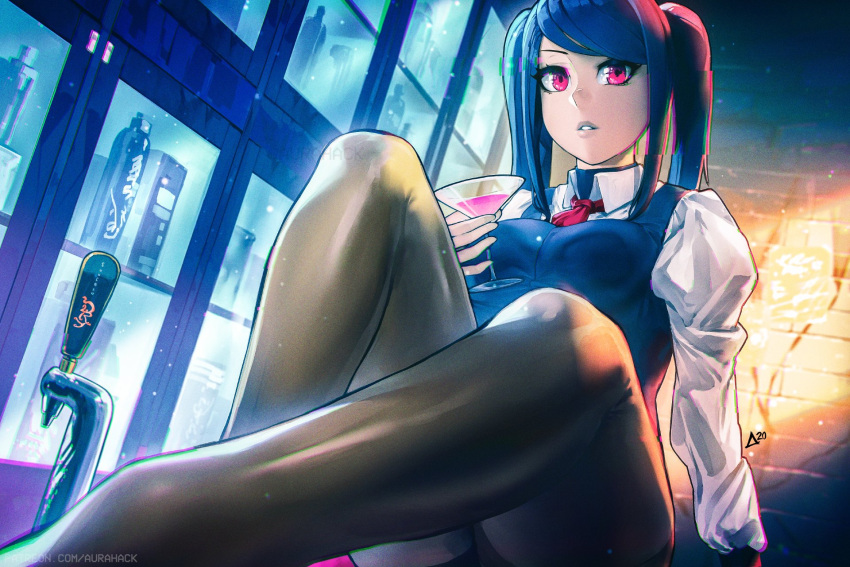 1girl aurahack bangs bar bartender black_hair black_legwear black_vest breasts cocktail_glass cup cyberpunk dress_shirt drinking_glass english_commentary full_body highres jill_stingray juliet_sleeves legs long_hair long_sleeves looking_at_viewer medium_breasts necktie official_art on_table pantyhose pink_eyes puffy_sleeves red_neckwear shirt sitting solo swept_bangs table twintails va-11_hall-a vest white_shirt