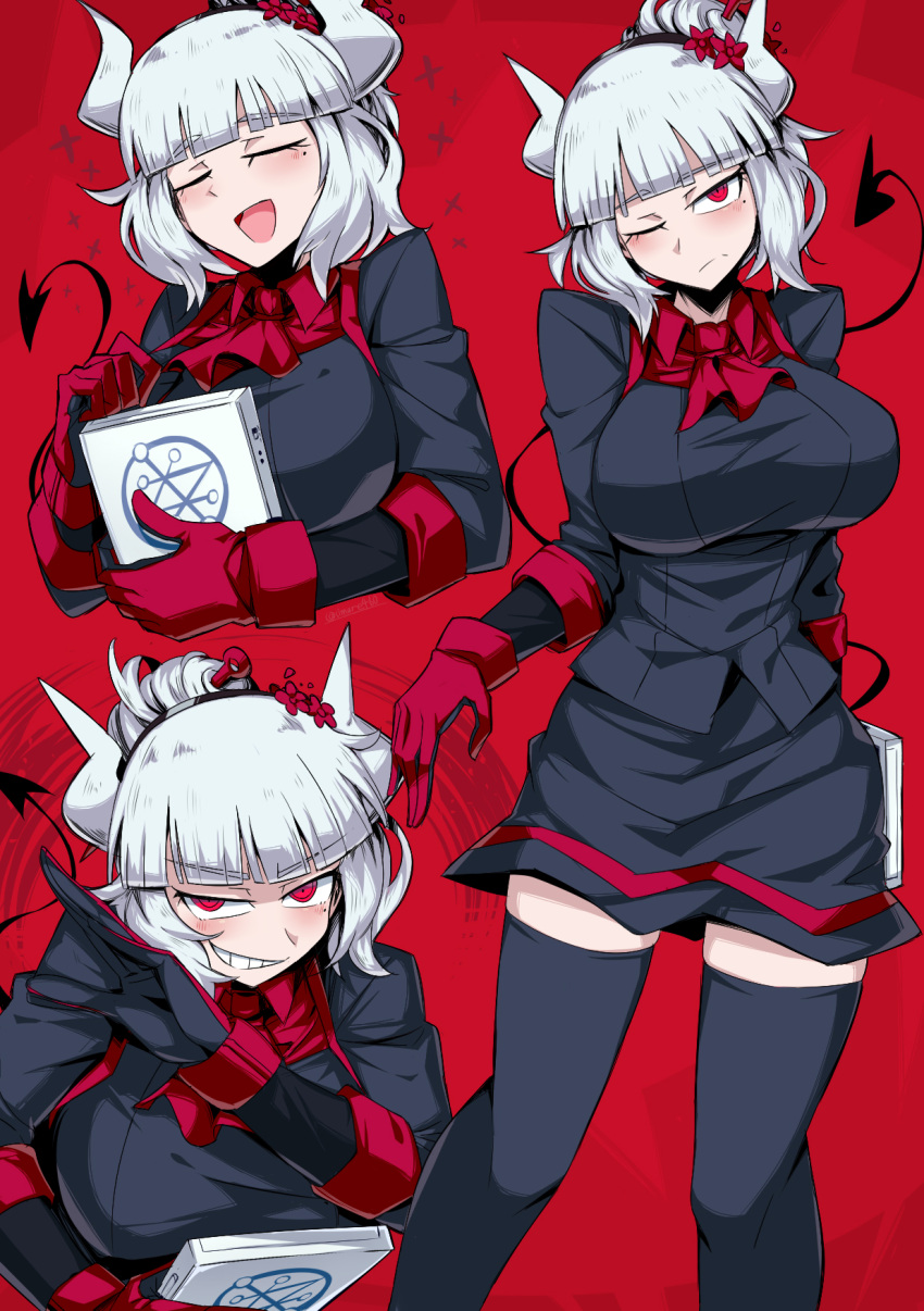 1girl ascot black_gloves black_legwear breasts clenched_teeth commentary_request demon_girl demon_tail gloves helltaker highres holding horns large_breasts long_sleeves looking_at_viewer lucifer_(helltaker) mole mole_under_eye multiple_views one_eye_closed open_mouth red_background red_eyes red_gloves red_neckwear shimure_(460) short_hair simple_background smile solo standing tail teeth thigh-highs two-tone_gloves white_hair white_horns