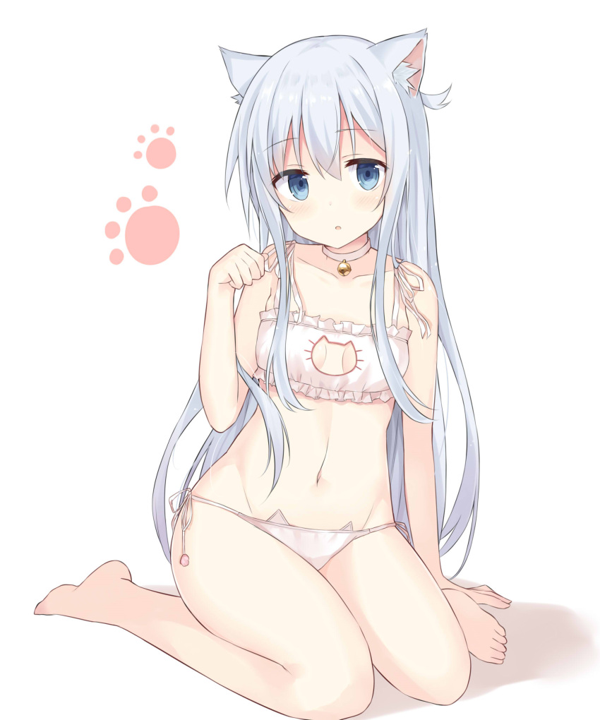 absurdres animal_ears bell blue_eyes bra cat_ears cat_lingerie choker duplicate hibiki_(kancolle) highres huwari_(dnwls3010) jingle_bell kantai_collection long_hair meme_attire panties pixel-perfect_duplicate simple_background underwear underwear_only white_bra white_hair white_panties