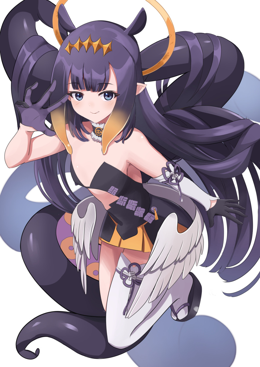 1girl bangs bare_shoulders black_footwear black_gloves blue_eyes blunt_bangs blush closed_mouth clothing_request commentary_request cutout_above_navel detached_sleeves eyebrows_visible_through_hair full_body gloves halo hand_up headpiece highres hololive john_manjirou_(love-love-happy21) long_hair looking_at_viewer looking_up low_wings ninomae_ina'nis outstretched_arm pointy_ears purple_hair sidelocks simple_background single_detached_sleeve single_thighhigh smile smirk solo tentacle_hair tentacles thigh-highs very_long_hair virtual_youtuber white_background white_legwear wings