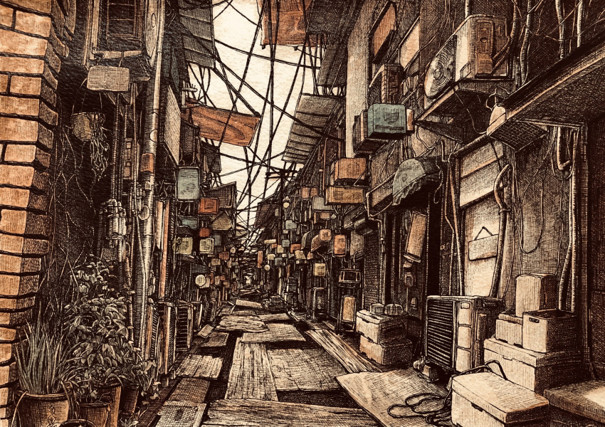 air_conditioner alley awning box brick_wall building cardboard_box commentary_request crosshatching hatching_(texture) highres ibsukionsen lantern no_humans original outdoors pipes plank plant potted_plant power_lines scenery traditional_media utility_pole