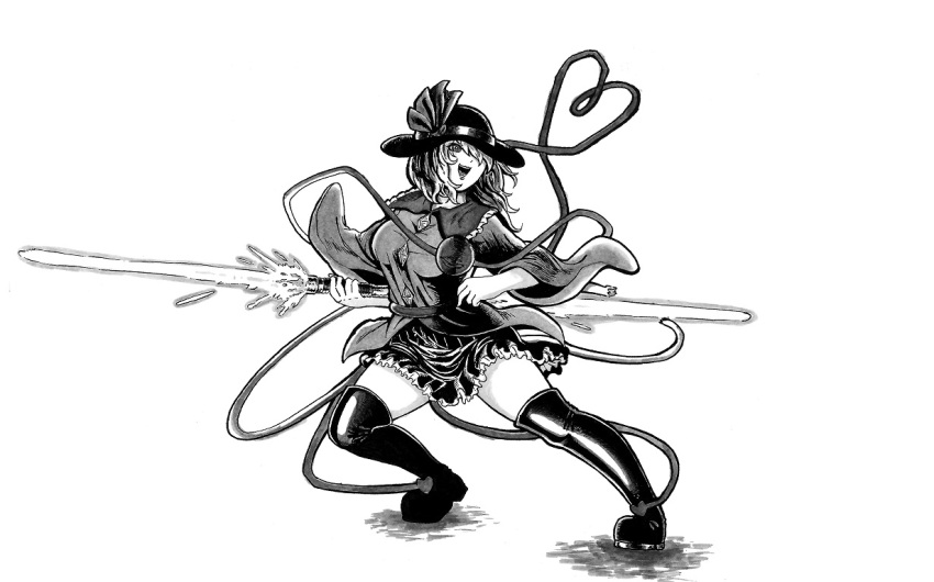 1girl bangs boots breasts commentary_request energy_sword fighting_stance frilled_shirt_collar frilled_skirt frills full_body hair_over_one_eye hat hat_ribbon heart heart_of_string imori_(46296895) komeiji_koishi large_breasts lightsaber looking_afar monochrome open_mouth ribbon shirt short_hair simple_background skirt solo star_wars sword third_eye touhou weapon