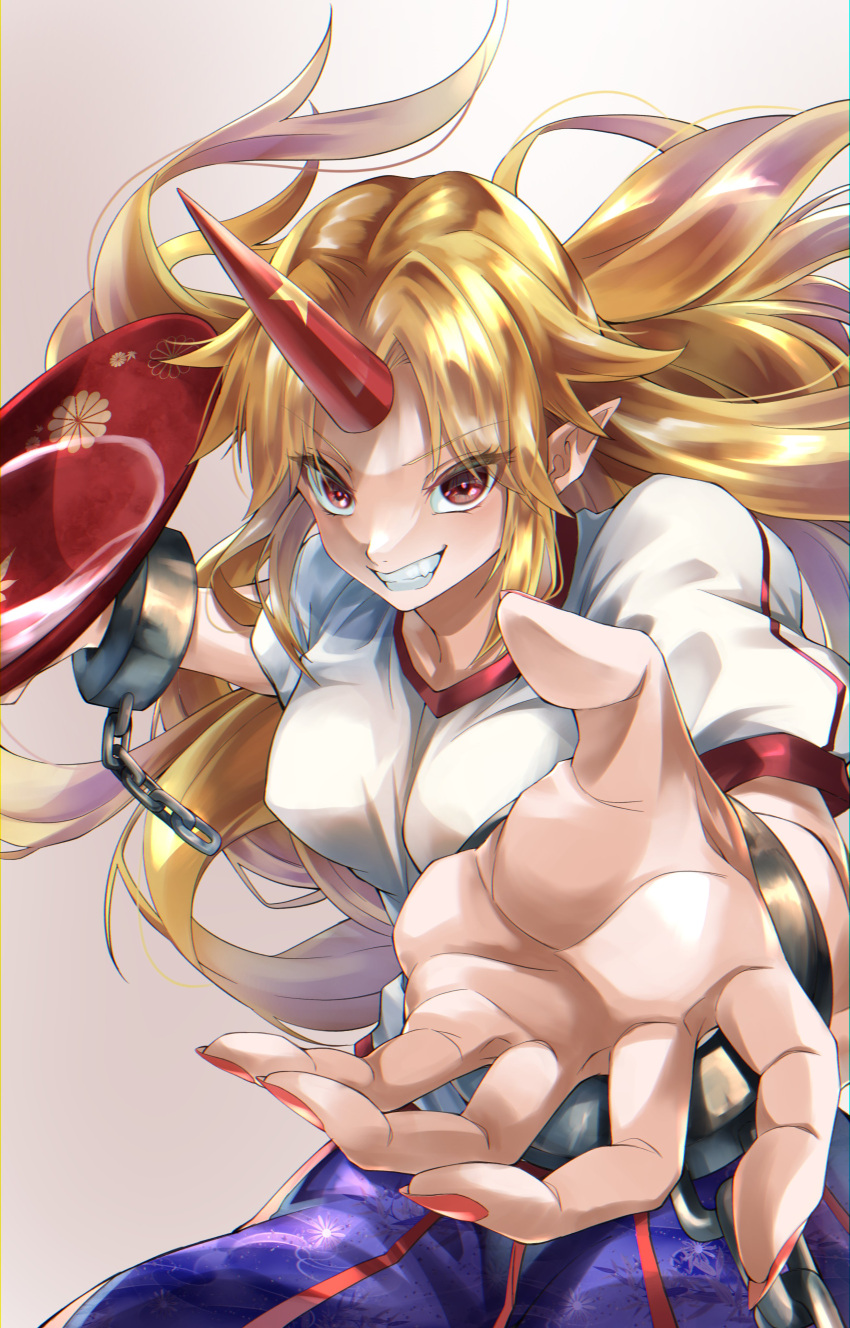 1girl absurdres alcohol bangs blonde_hair breasts broken broken_chain chain clenched_teeth cuffs cup fingernails grin highres horns hoshiguma_yuugi leaf_print long_hair long_skirt looking_at_viewer medium_breasts parted_bangs puffy_short_sleeves puffy_sleeves red_eyes red_horns red_nails sakazuki sake shackles sharp_fingernails shiny shiny_clothes shiny_hair shirt short_sleeves single_horn sireia_round skirt smile solo star_(symbol) star_print teeth touhou very_long_hair white_shirt