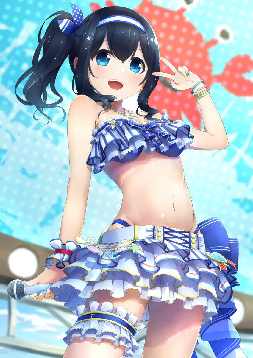 1girl bikini black_hair blue_eyes breasts crab frilled_bikini frills hairband highres holding holding_microphone idol idolmaster idolmaster_cinderella_girls idolmaster_cinderella_girls_starlight_stage long_hair microphone nail_polish navel one_side_up open_mouth sagisawa_fumika smile solo swimsuit under_boob v yaaben