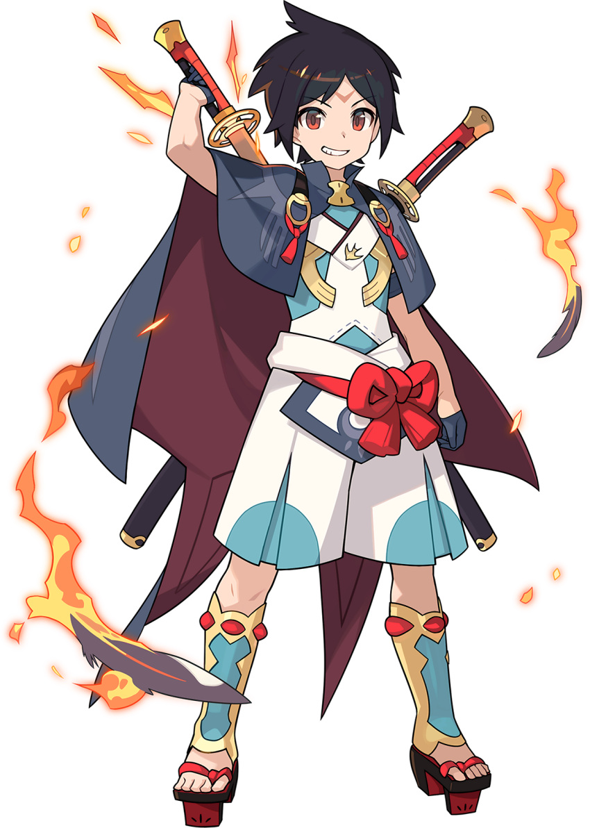 1boy arm_up armlet artist_request bangs belt black_hair blue_cape blue_gloves blue_shirt cape collared_cape eyebrows_visible_through_hair facial_mark feathers fire forehead_mark full_body geta gloves grin half_gloves happy highres holding holding_sword holding_weapon katana kneehighs kuramaru_(world_flipper) legs_apart looking_at_viewer male_focus multicolored multicolored_clothes multicolored_legwear non-web_source official_art parted_bangs red_eyes red_footwear rope sandals sash sheath sheathed shiny shiny_hair shirt short_hair shorts sidelocks sleeveless sleeveless_shirt smile solo sword teeth toeless_legwear transparent_background two-sided_cape two-sided_fabric v-shaped_eyebrows weapon white_shorts world_flipper