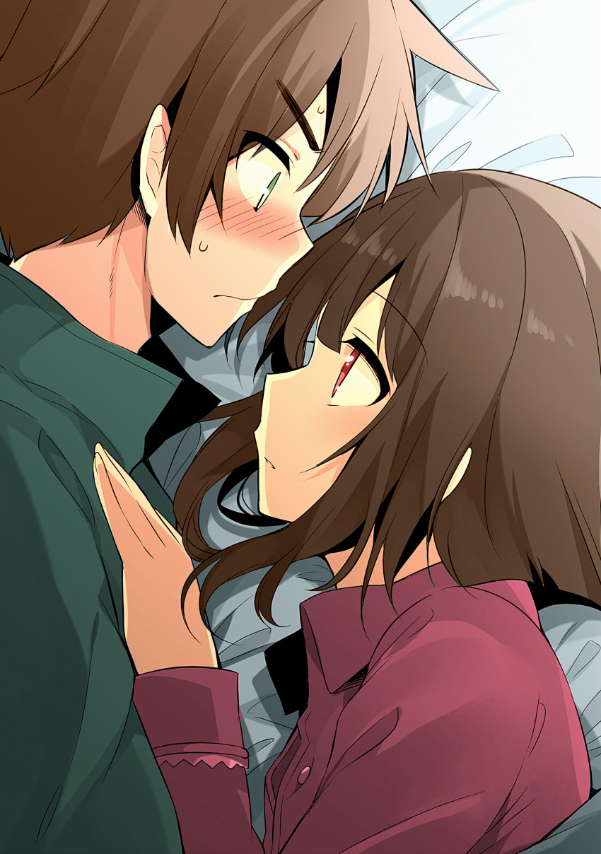 1boy 1girl absurdres bangs bed_sheet blush brown_hair commentary couple english_commentary eye_contact face-to-face green_eyes green_jacket hair_between_eyes hand_on_another's_chest highres huge_filesize jacket kono_subarashii_sekai_ni_shukufuku_wo! looking_at_another lying megumin nervous nose_blush on_bed on_side pajamas parted_lips pink_pajamas red_eyes satou_kazuma short_hair_with_long_locks sweatdrop under_covers wavy_mouth we_cry_open